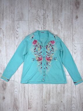 Johnny Was Turquoise Embroidered Button-Down Shirt